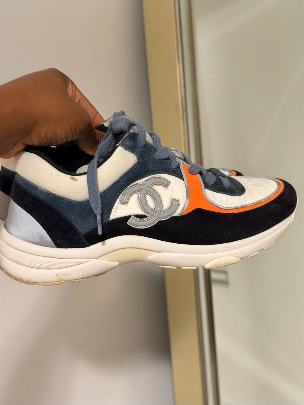 Authentic chanel women’s Navy & Orange Leather Suede Sneaker